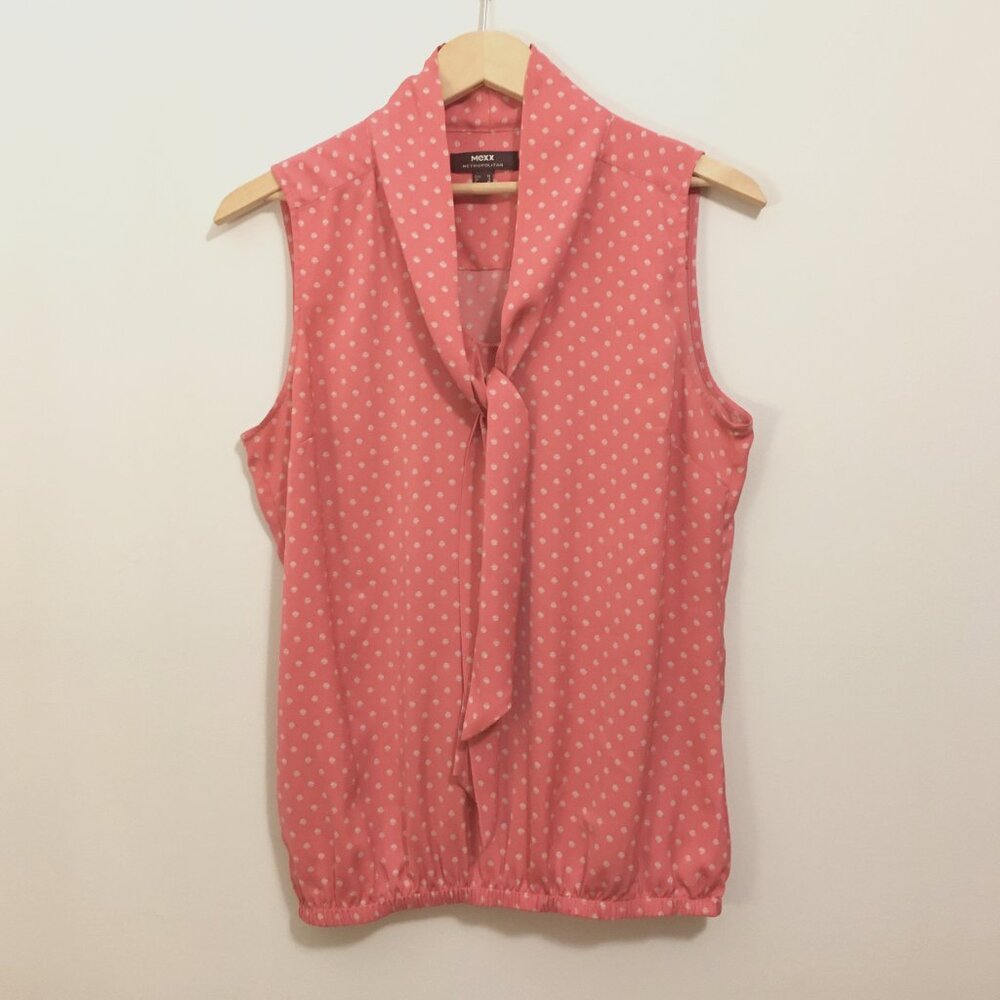 Mexx Coral Pink Polka Dot Bow Blouse Medium Bubble Hem Sleeveless Tank